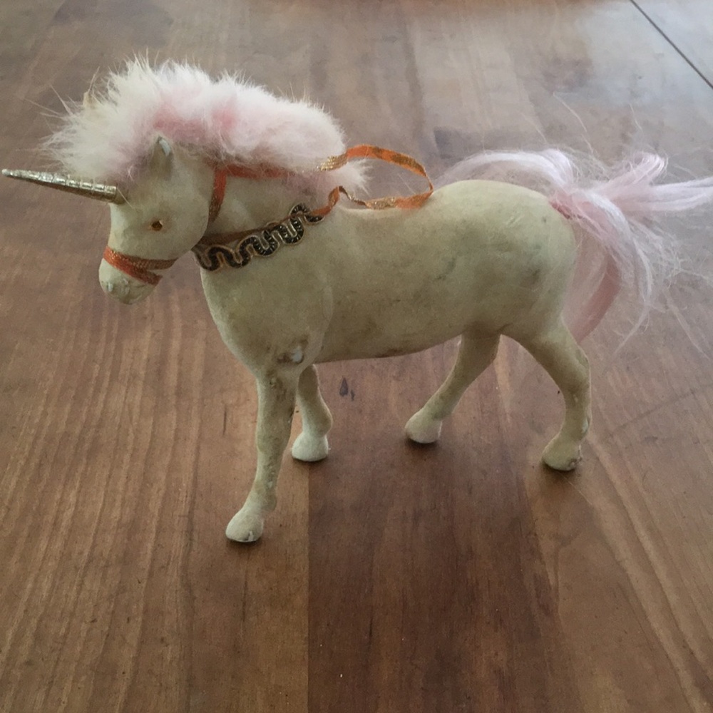 Vintage White Felt Unicorn Figurine with Pink Mane and Metallic Horn